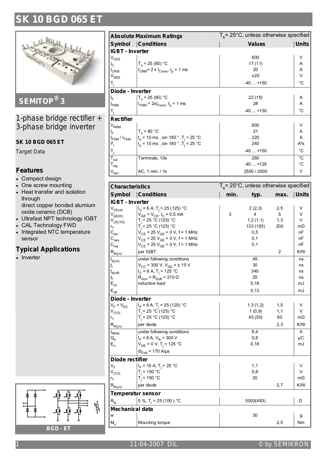 SEMIKRON SK 10 BGD 065 ET DATA SHEET