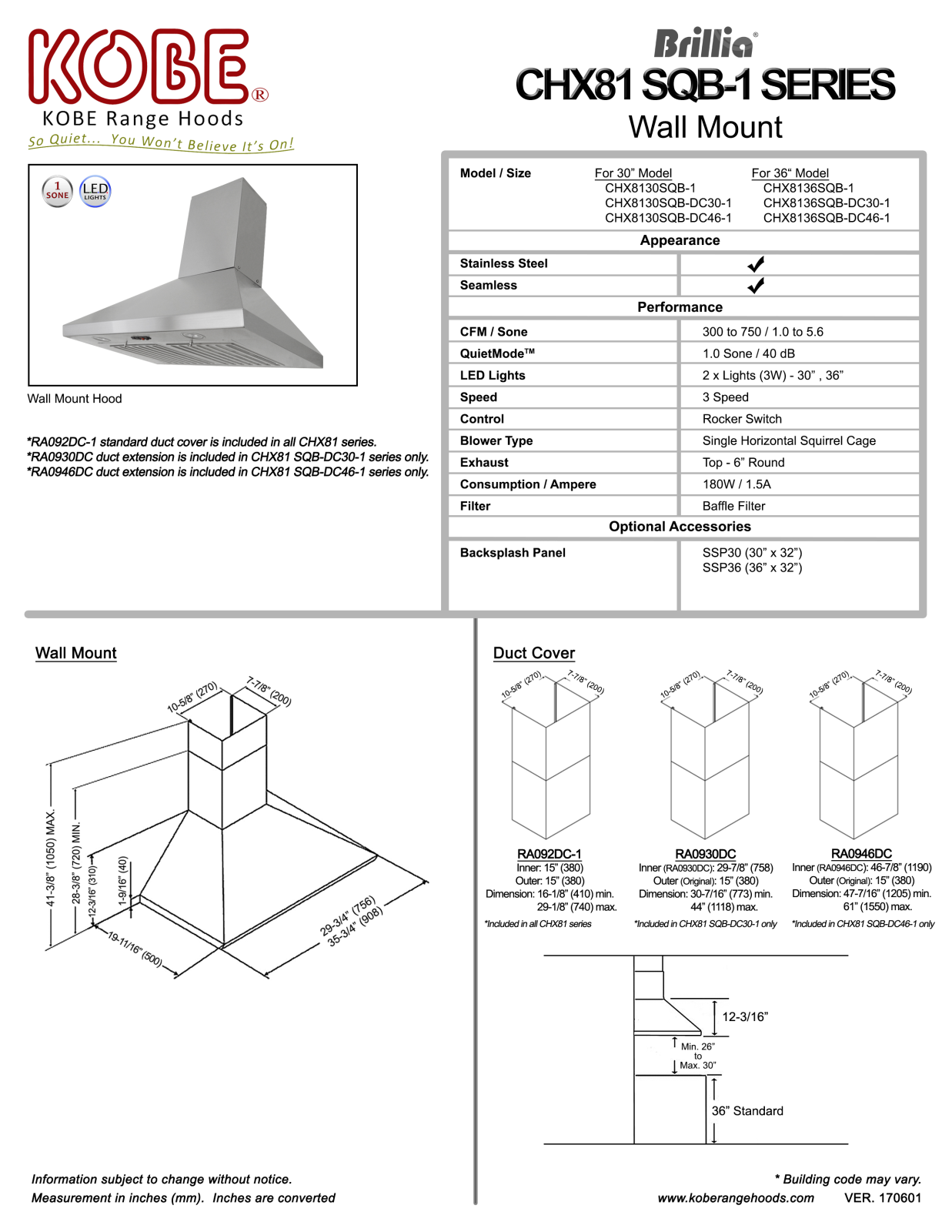 Kobe CHX8130SQB1, CHX8136SQB1 PRODUCT SPECIFICATIONS