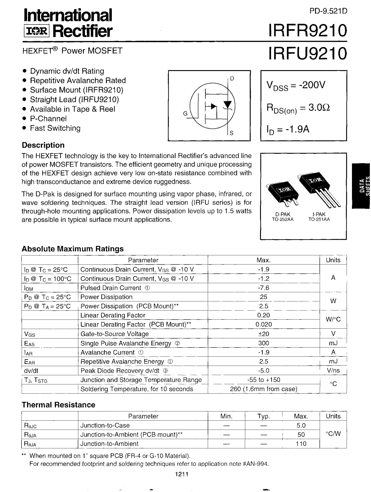 International Rectifier IRFU9210, IRFR9210 Datasheet