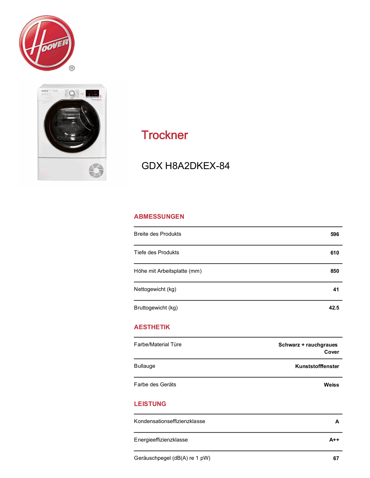 Hoover GDX H8A2DKEX-84 Service Manual