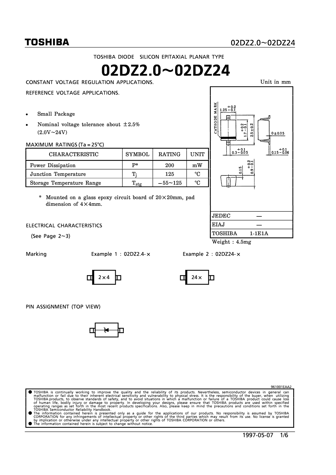 Toshiba 02DZ7.5-Z, 02DZ7.5-X, 02DZ3.9-X, 02DZ3.6-Z, 02DZ3.6-X Datasheet