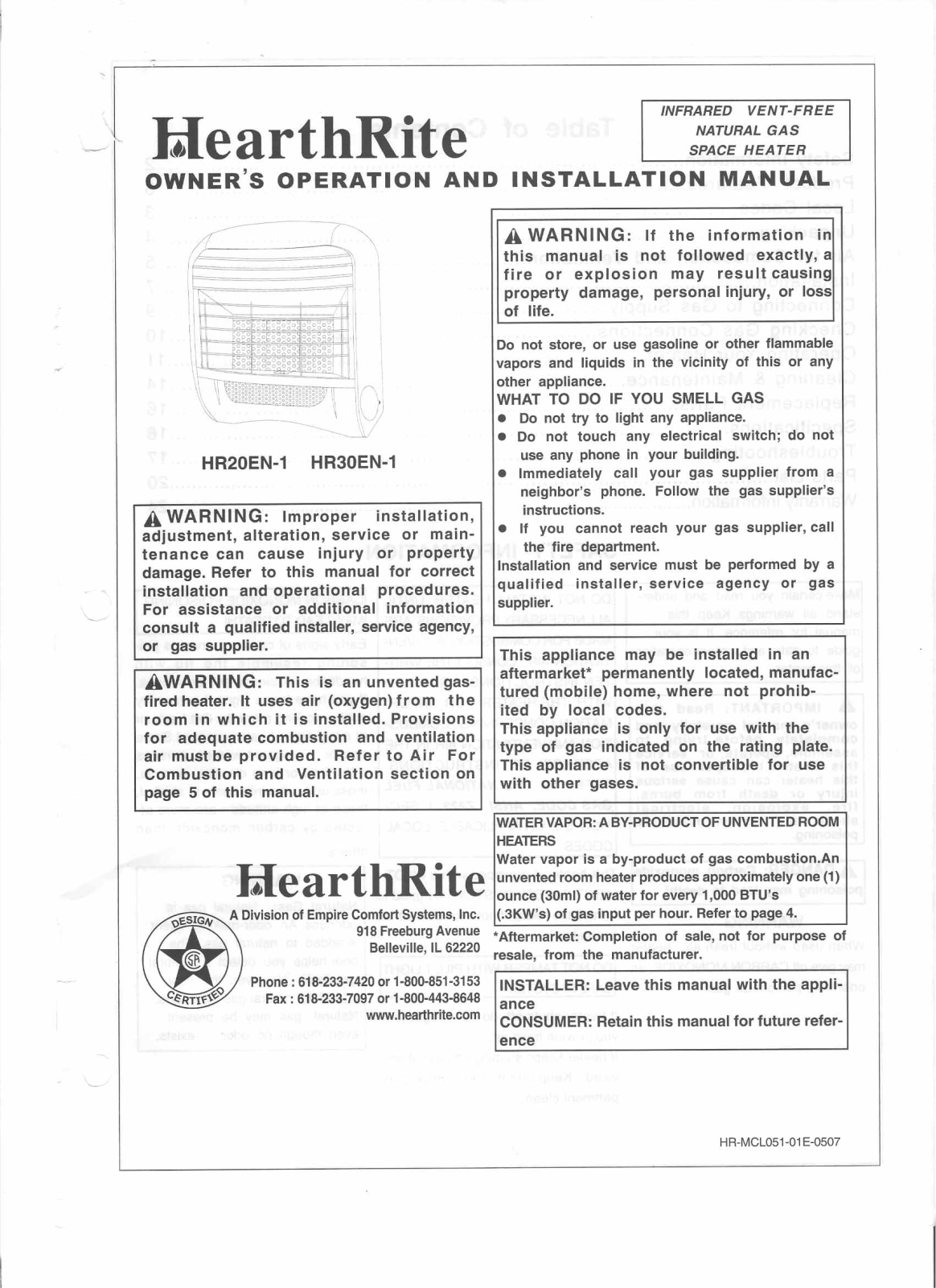 HearthRite HR20EN-1, HR30EN-1 Owners Manual And Installation Manual