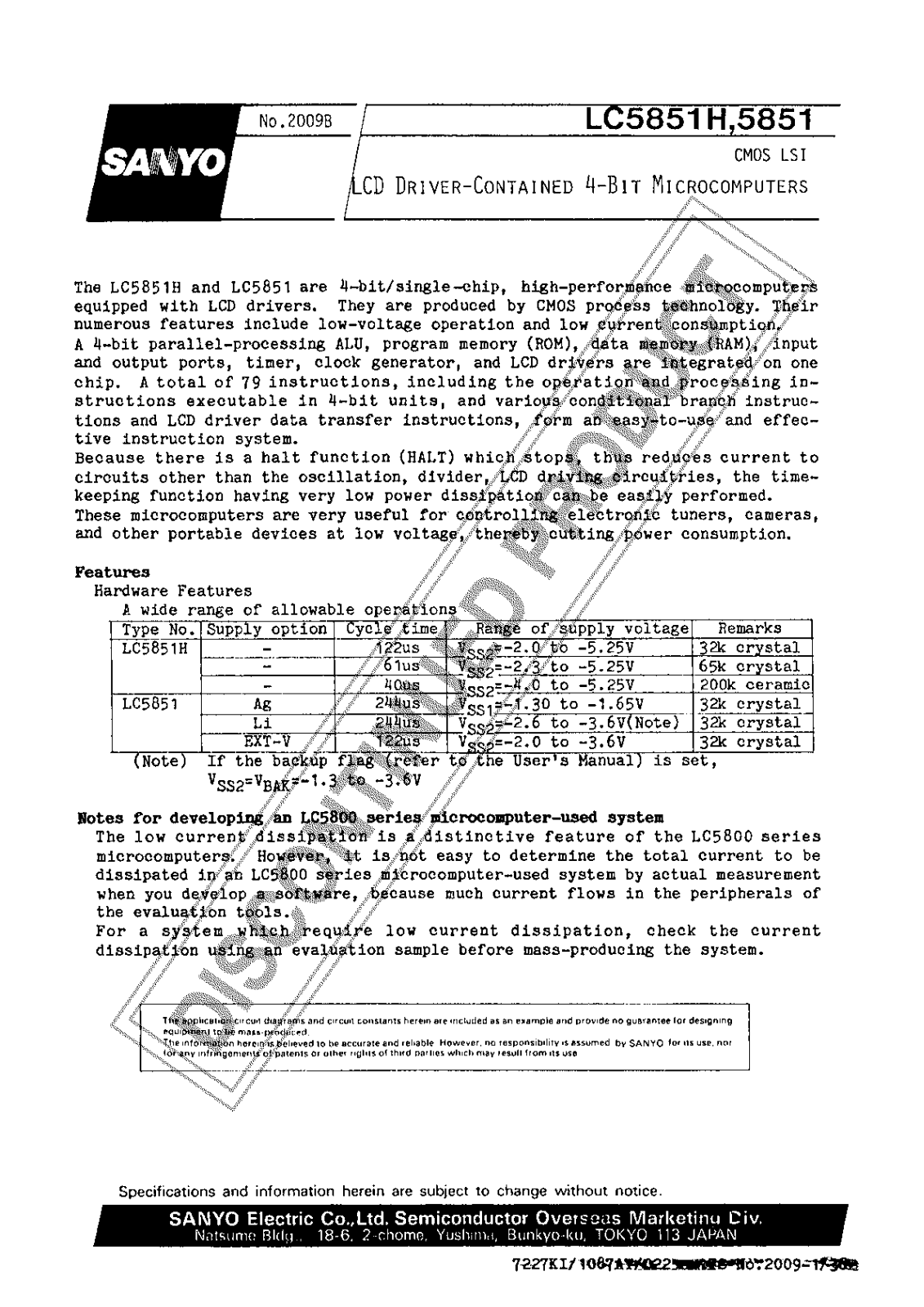 Sanyo LC5851H Specifications