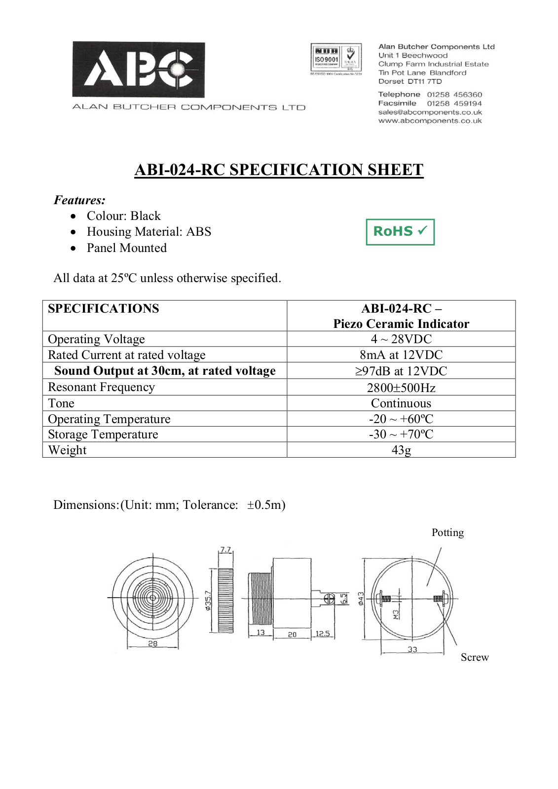 ABC ABI-024-RC Specification Sheet