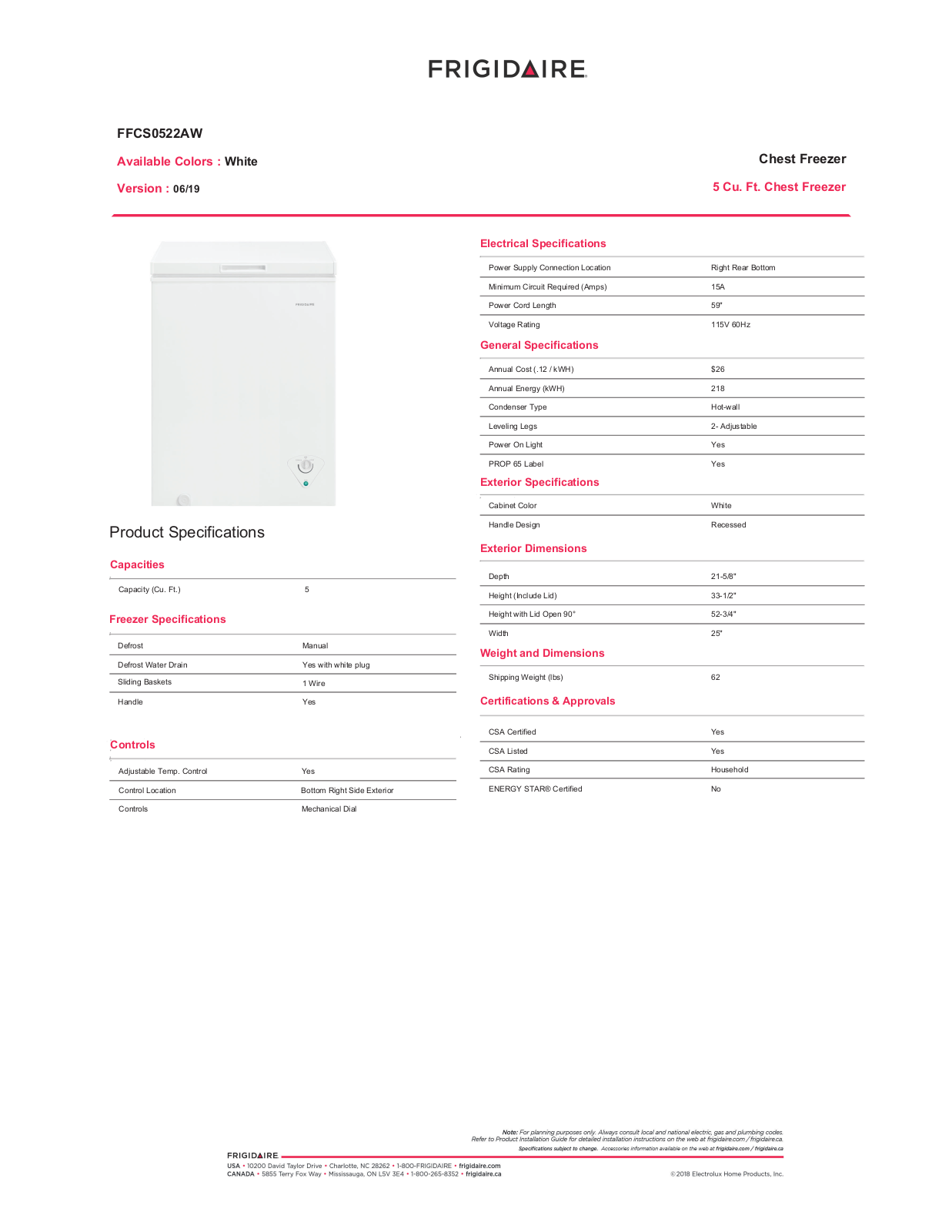 Frigidaire FFCS0522AW Specifications