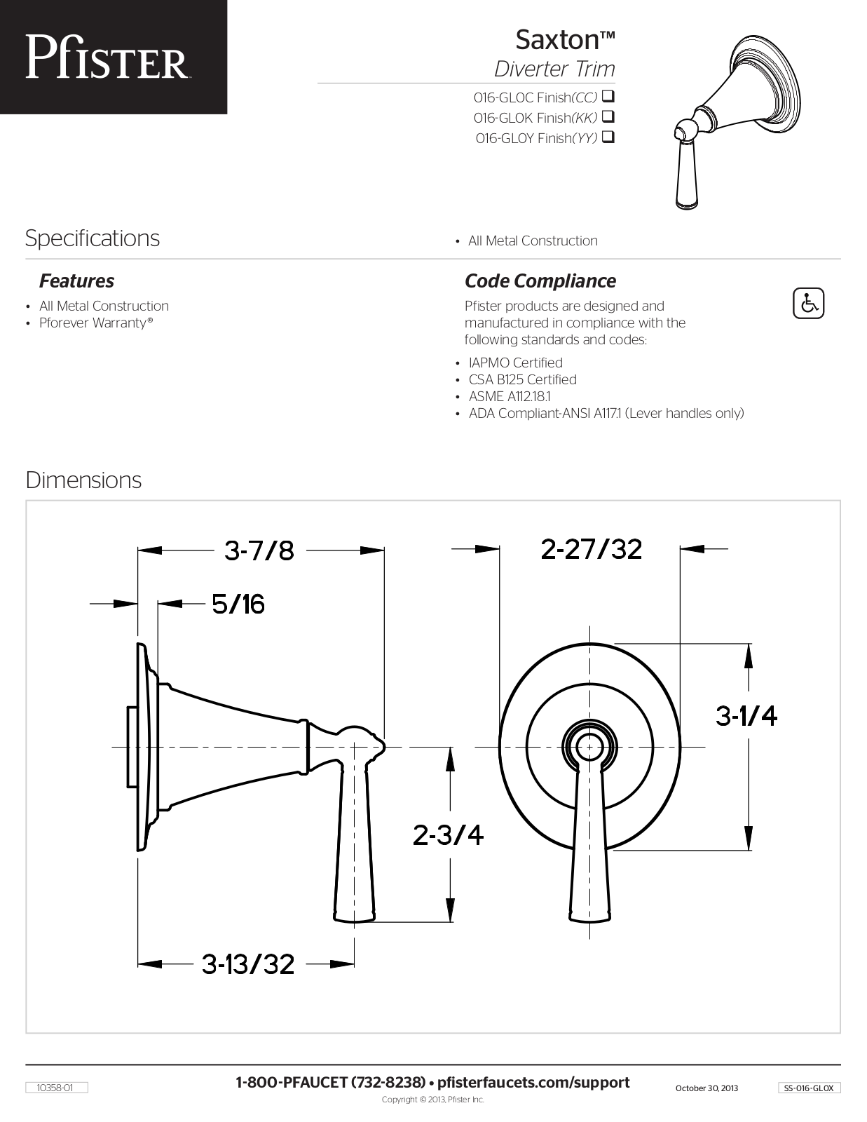 Pfister PPR3143 Specifications - ManualMachine.com