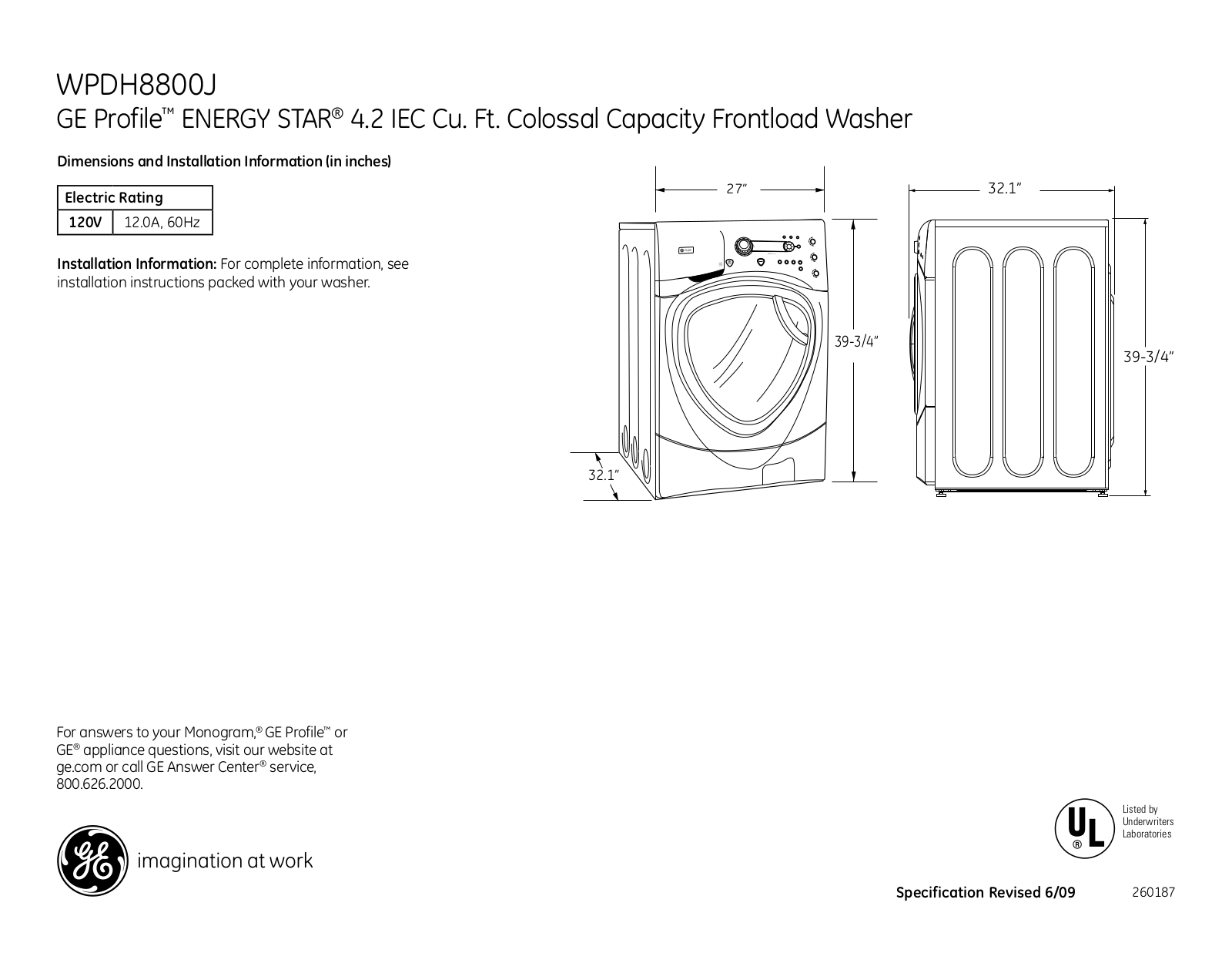 GE WPDH8800J Specification