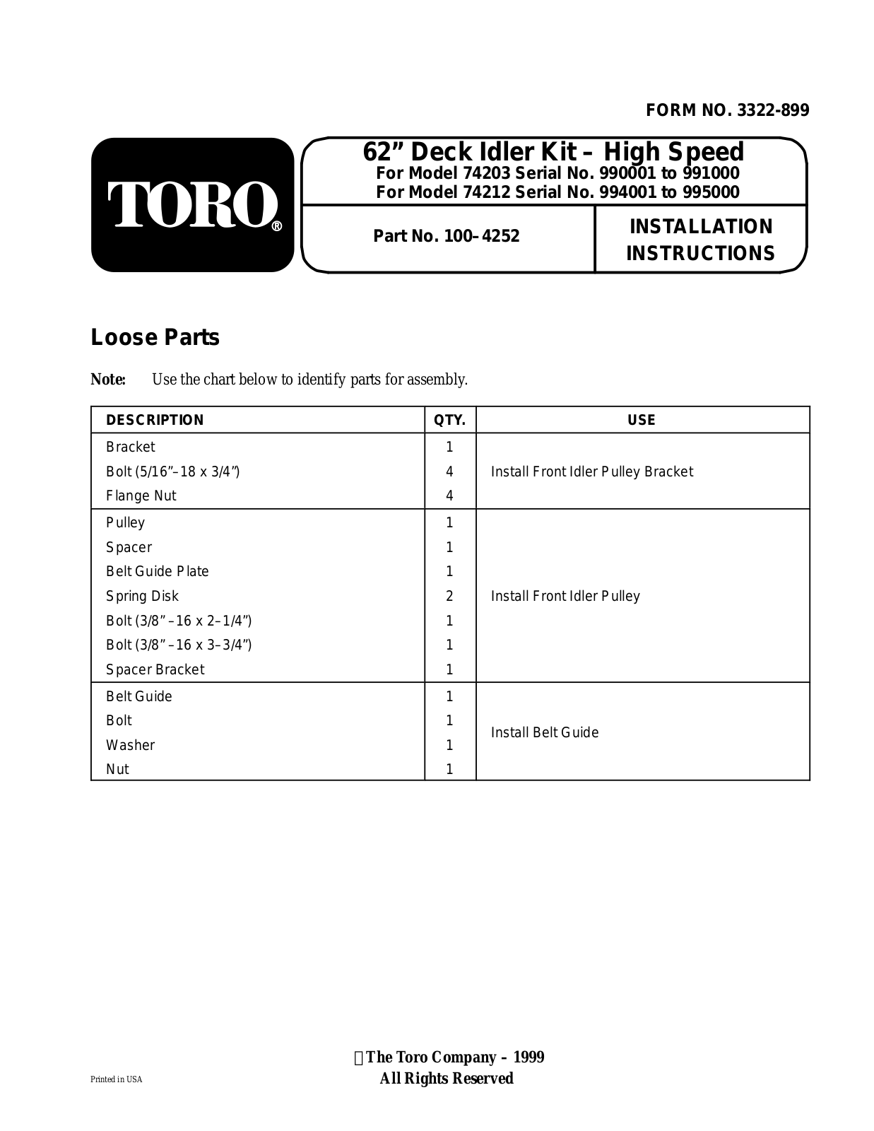 Toro 100-4252 Installation Instructions