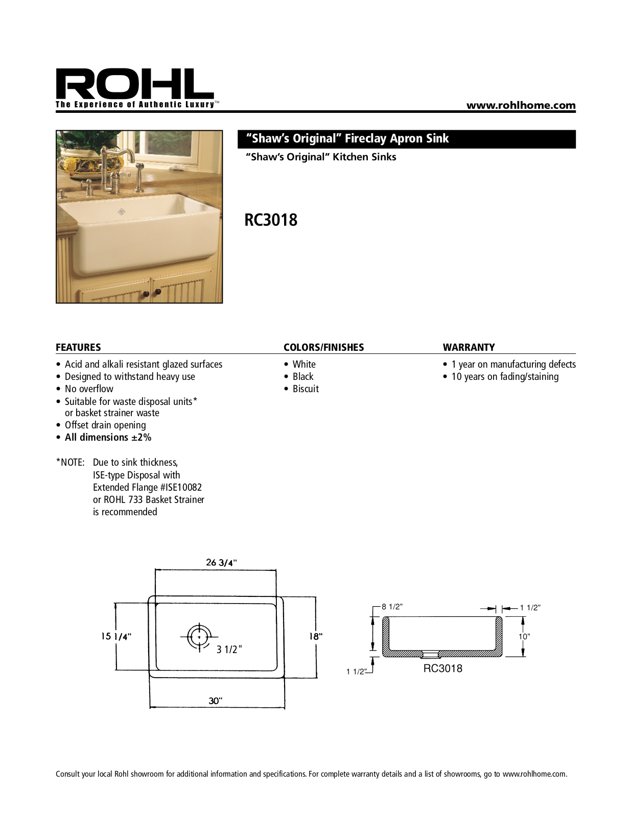 Rohl RC3018 Specifications