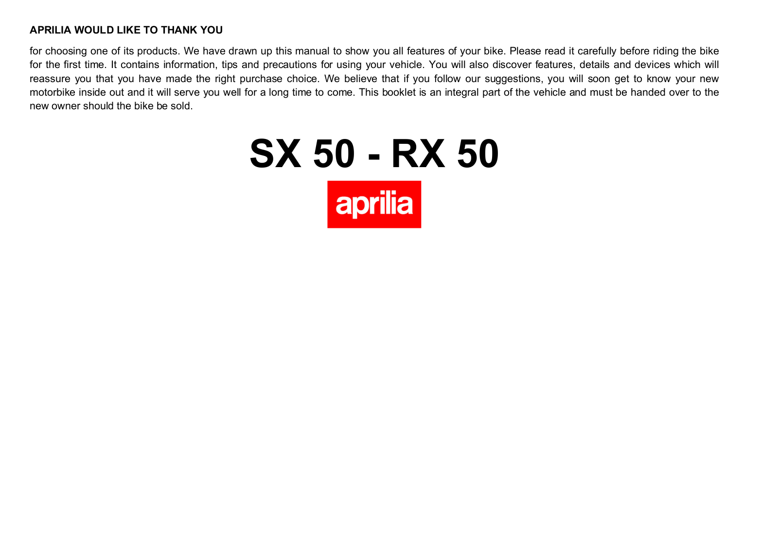 Aprilia SX50 2006, RX50 2006 Owner's manual