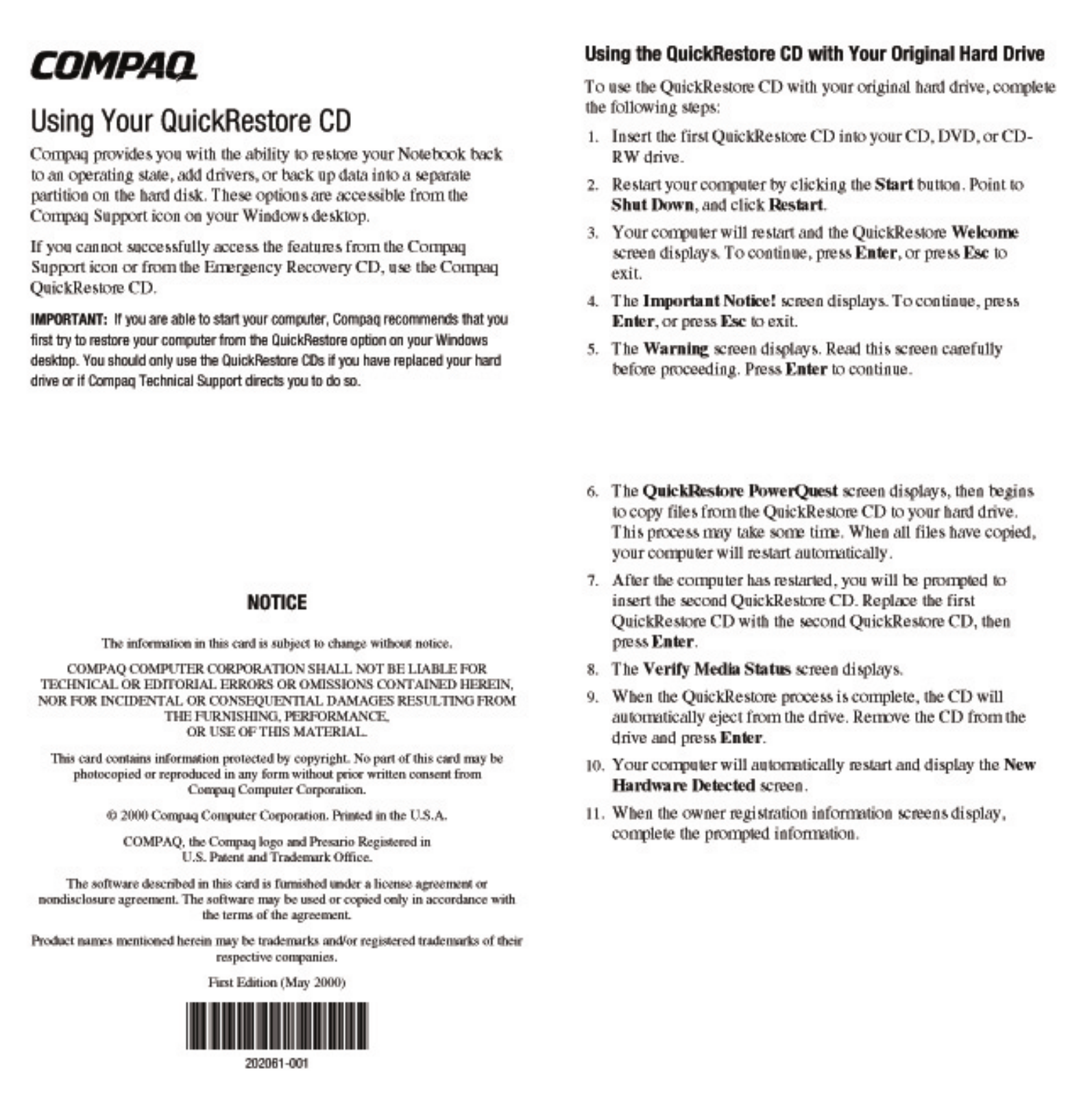 HP Compaq Presario 12XL202 Quick Guide