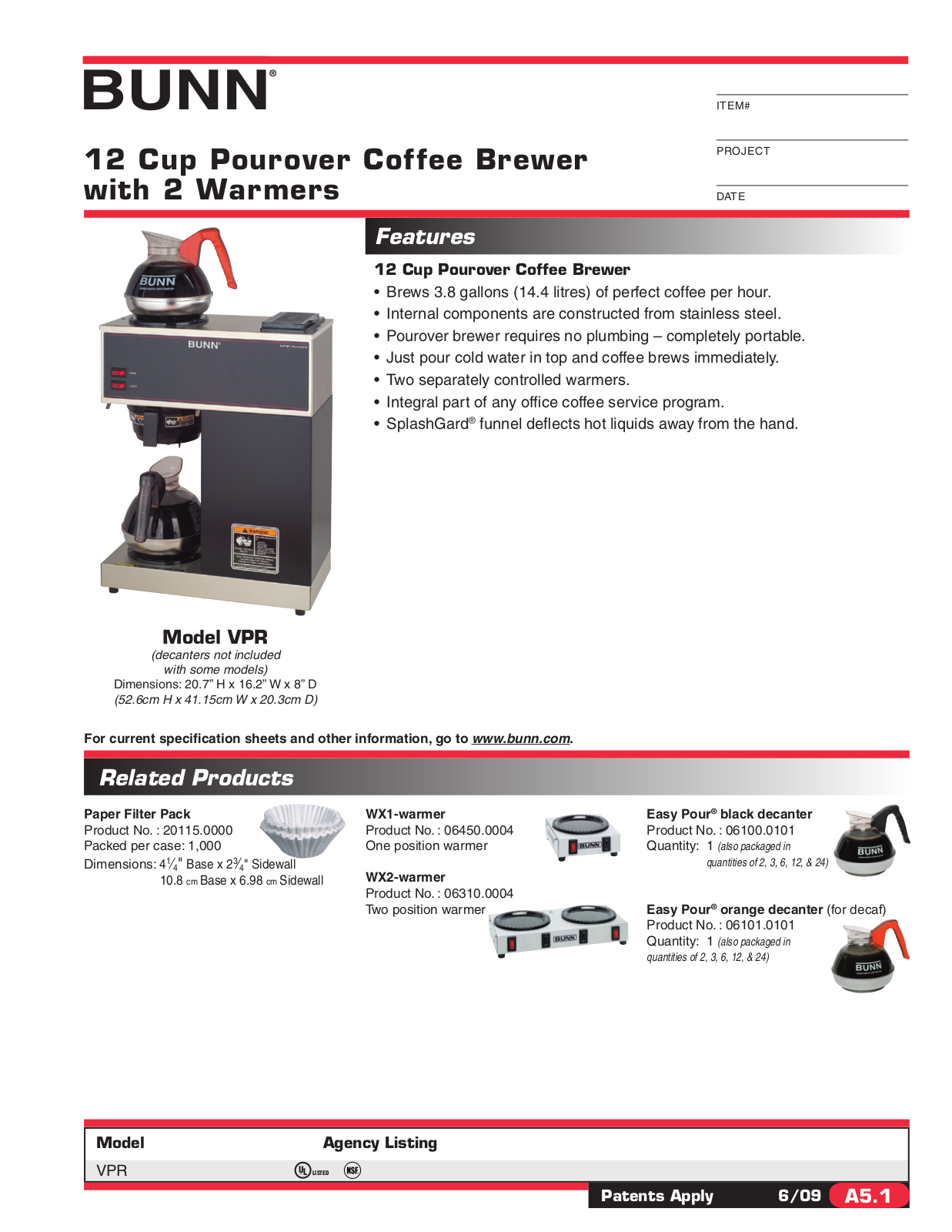 Bunn Coffee Maker VPR User Manual