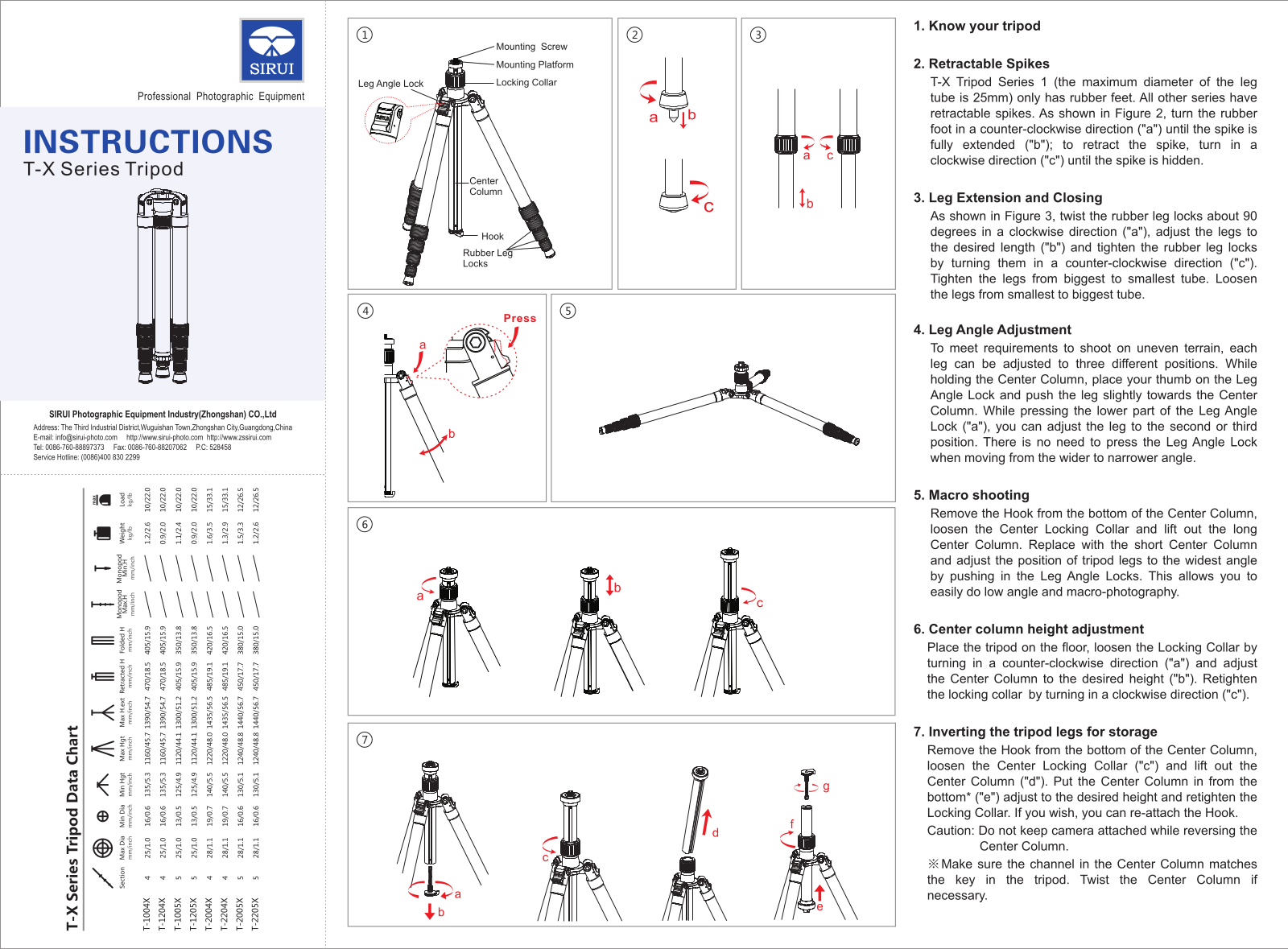 Sirui T-2205X, T-2005X, T-2004X, T-2204X, T-1204X User Manual