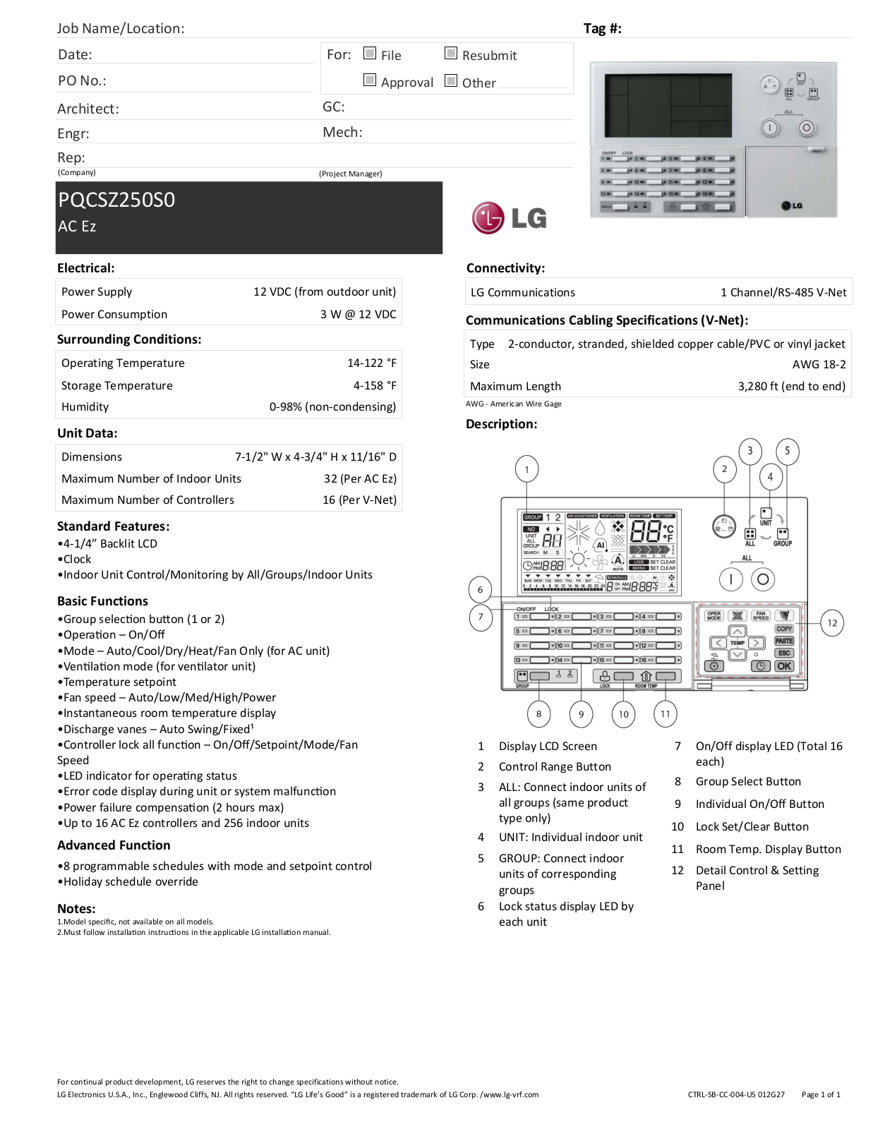 LG PQCSZ250S0 Specs