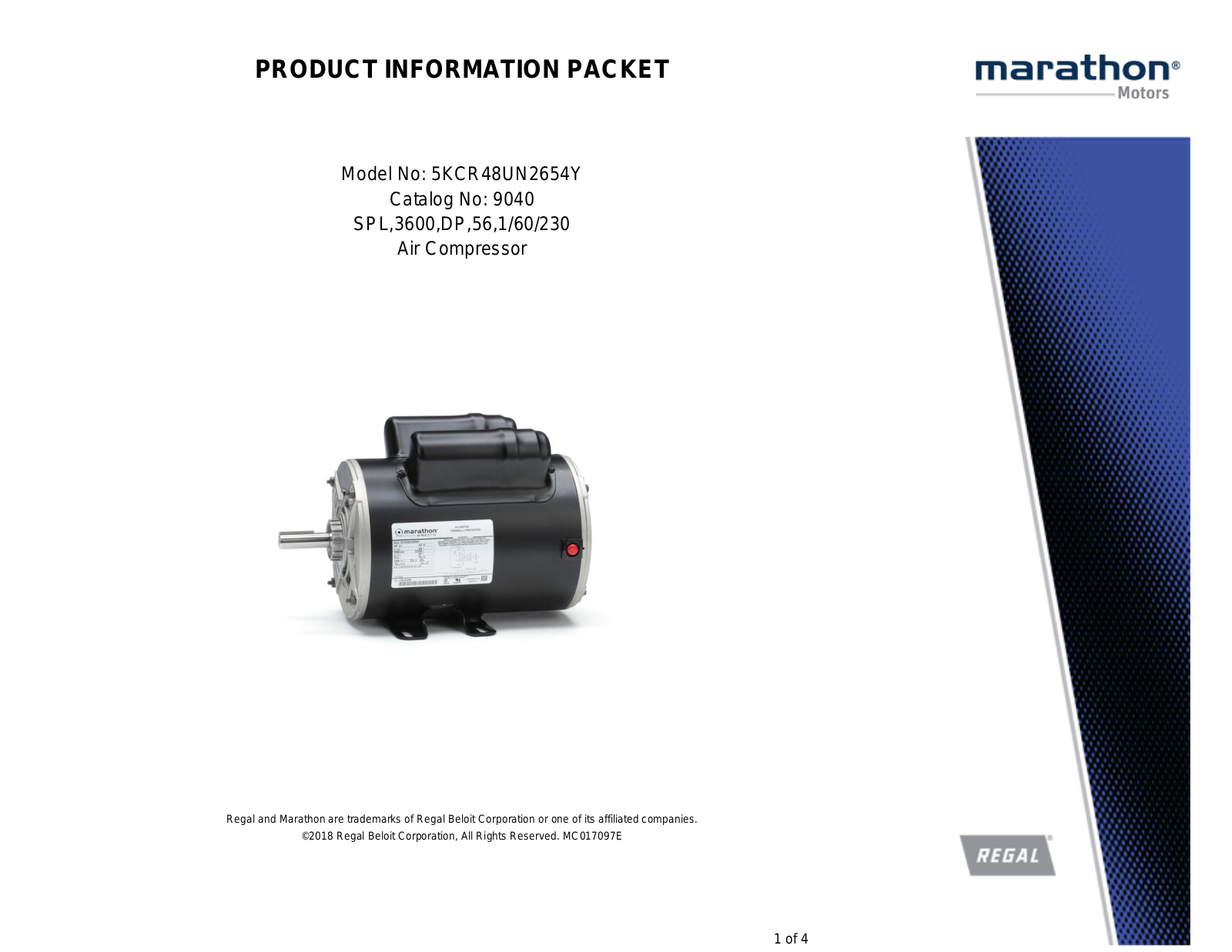 Marathon Electric 5KCR48UN2654Y Product Information Packet