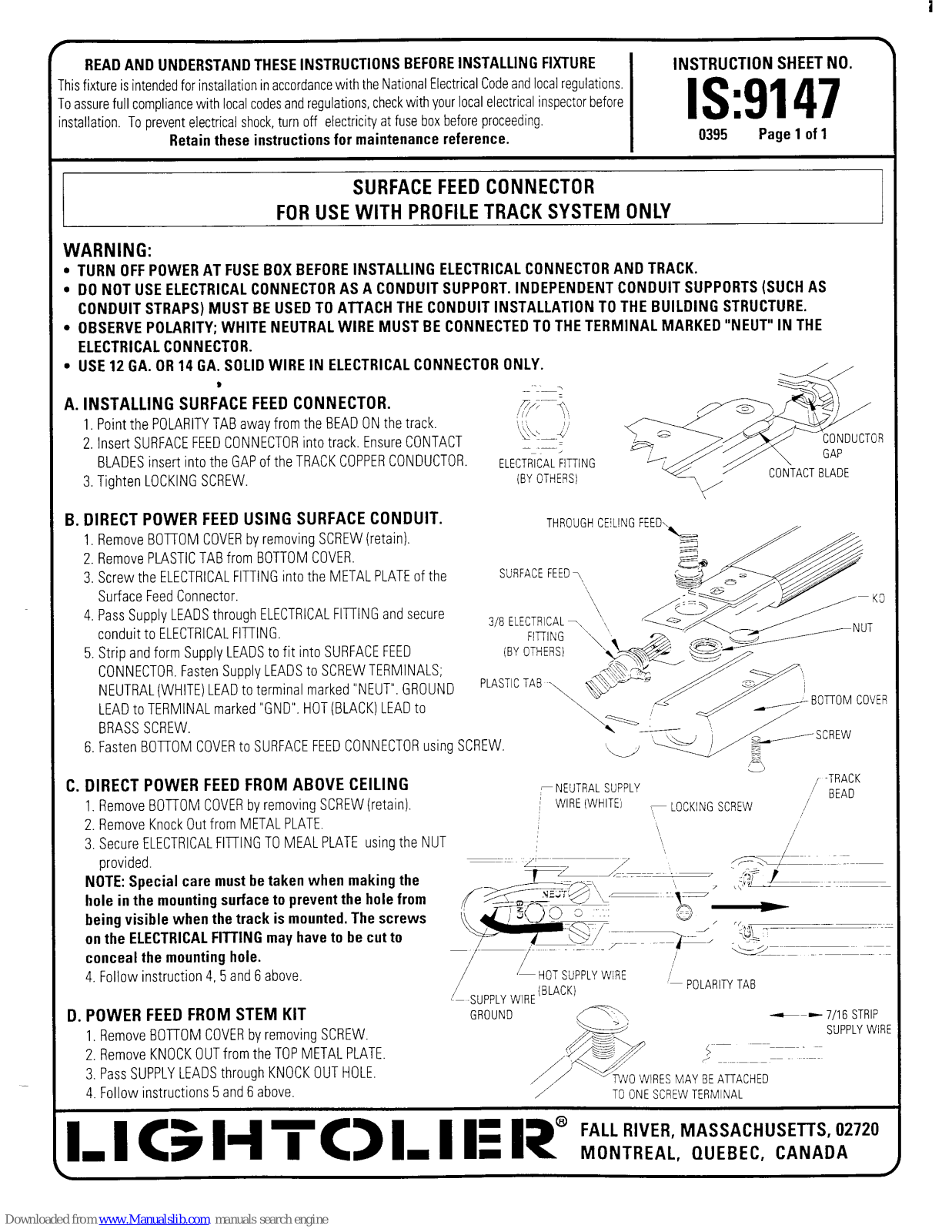Lightolier SURFACE FEED CONNECTOR Instructions For Maintenance Reference Manual - ManualMachine.com