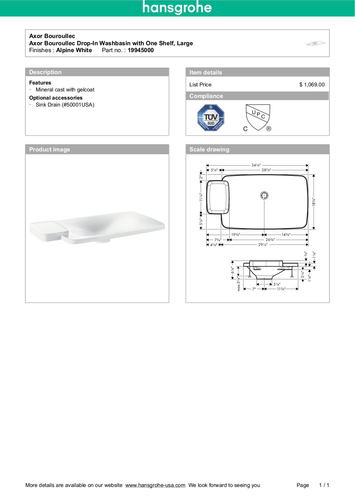 Hansgrohe 19945000 Specs