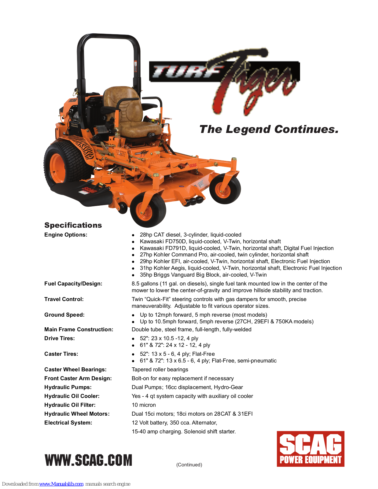 Scag Power Equipment Turf Tiger 52, Turf Tiger 61, Turf Tiger 72 Specifications - ManualMachine.com