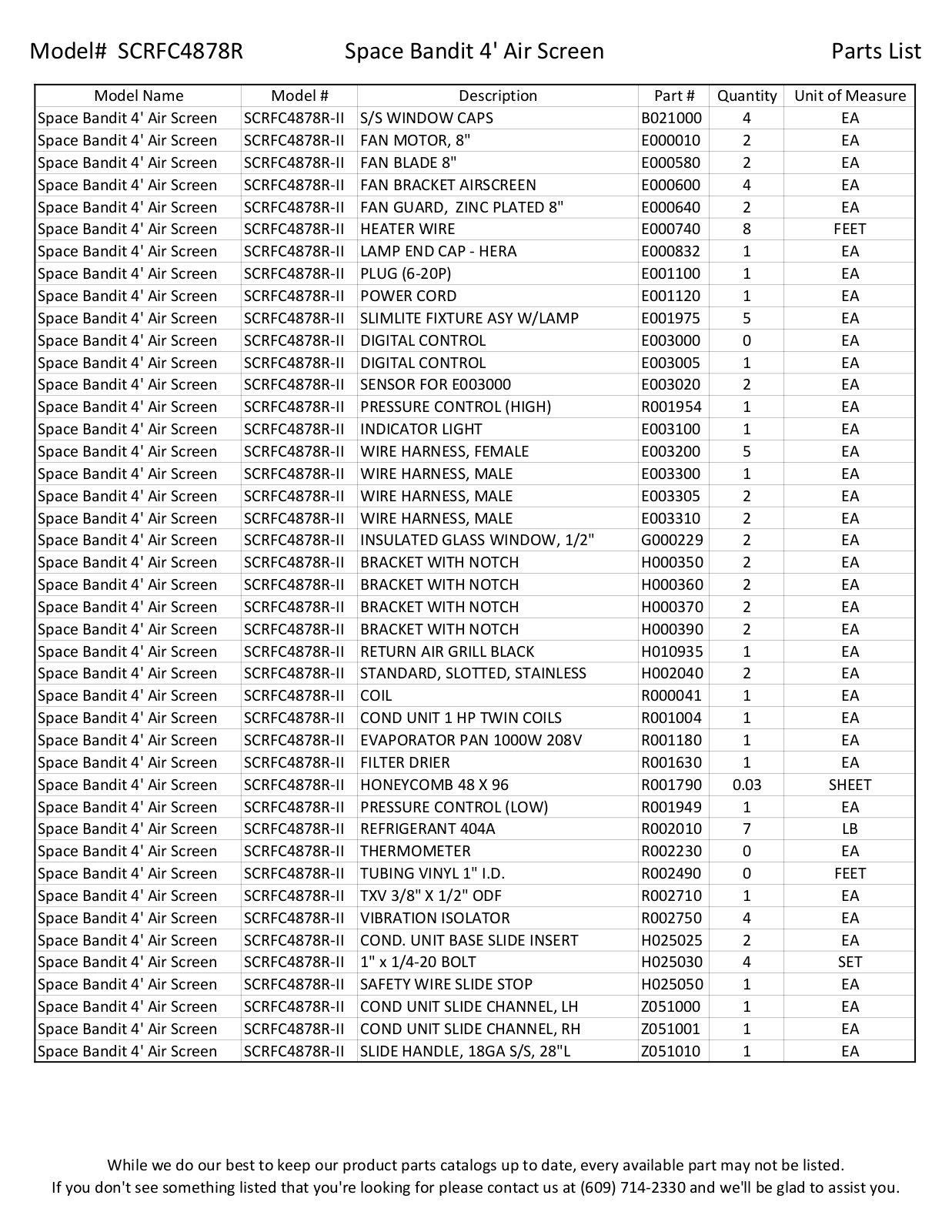 RPI Industries SCRFC4878R Parts List