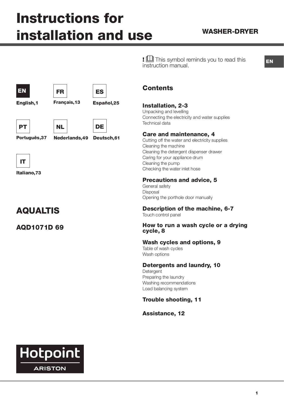 Hotpoint Ariston AQD1071D 69 EU/A User Manual