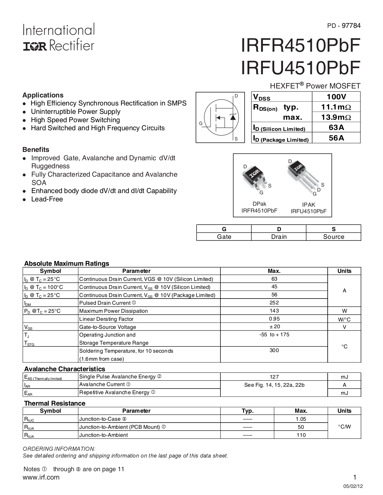 Datasheet IRFU4510PBF Datasheet - ManualMachine.com