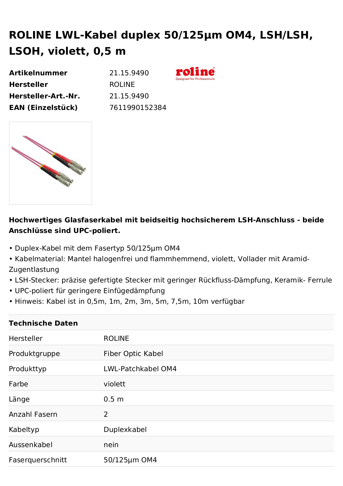 Roline 21.15.9490 Technical data