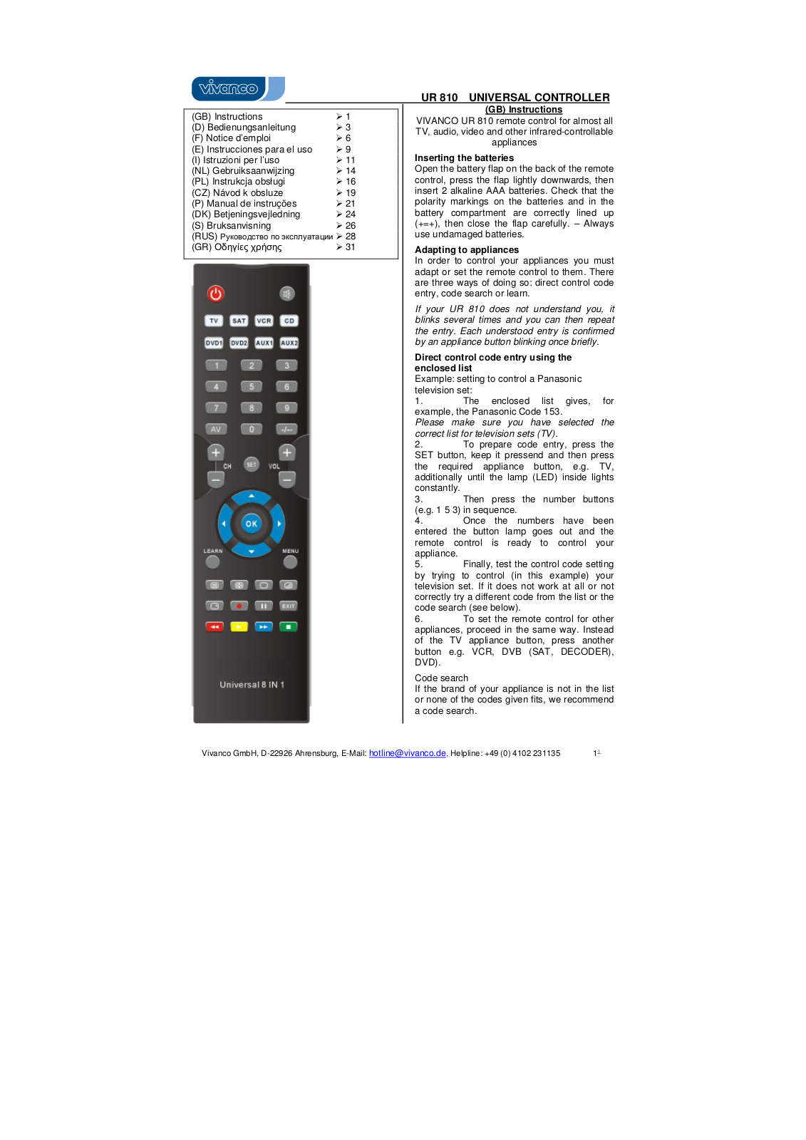 VIVANCO 8 IN 1 UNIVERSAL REMOTE CONTROL User Manual