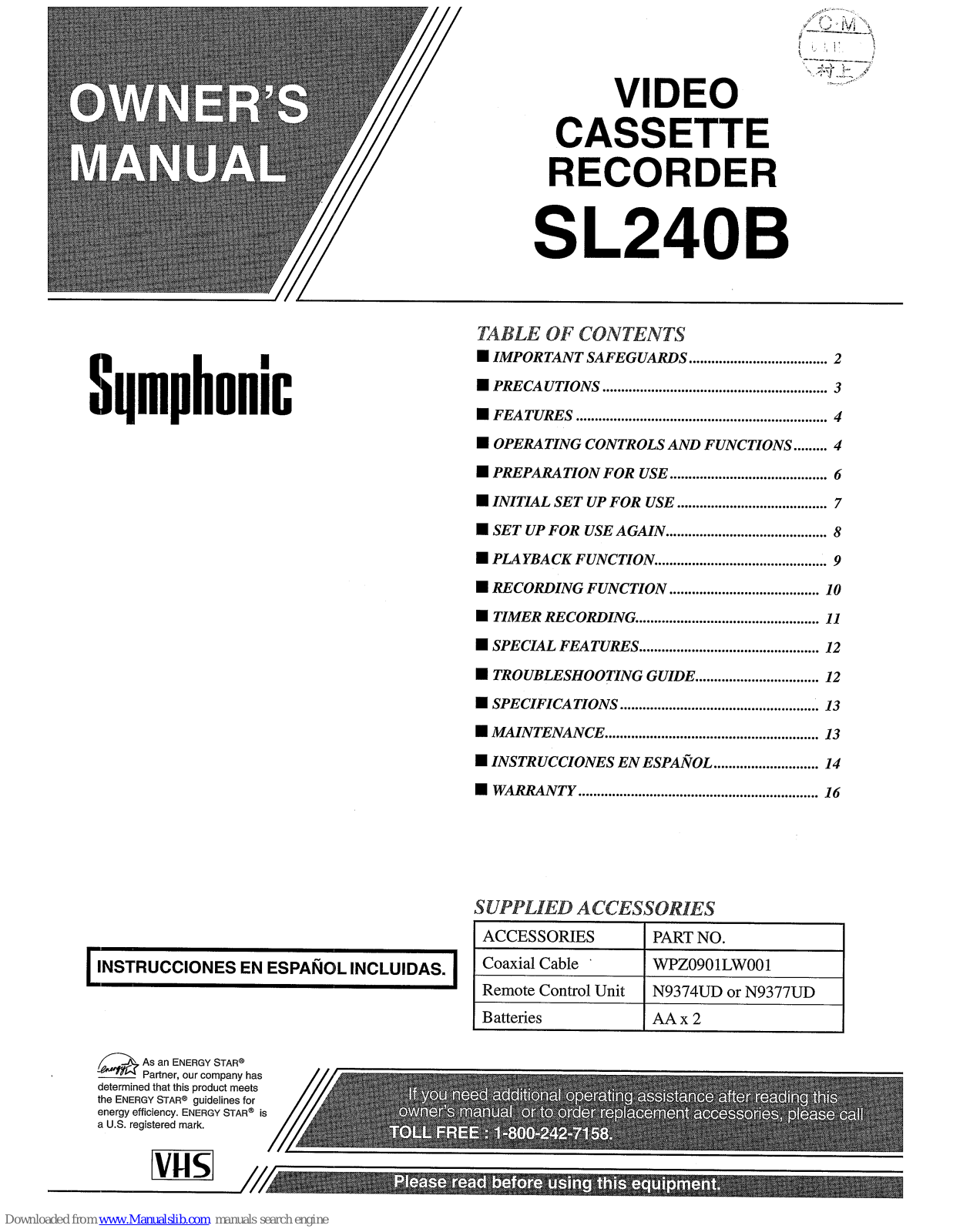 FUNAI Symphonic SL240B Owner's Manual