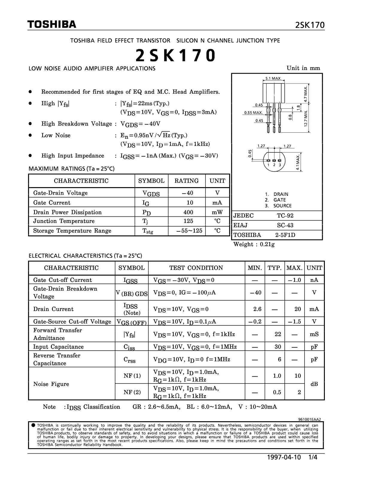 TOSHIBA 2SK170 User Manual