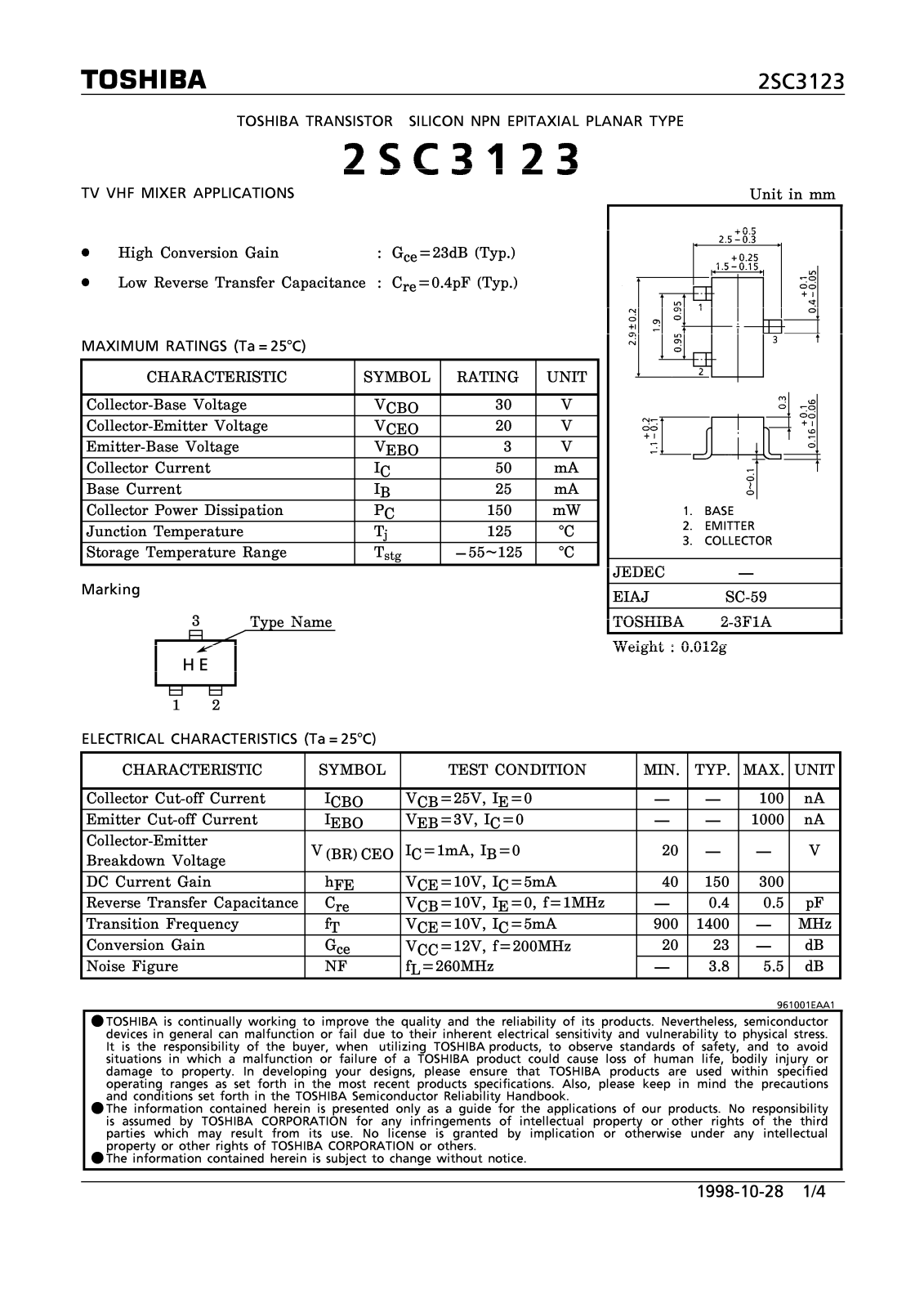 Toshiba 2SC3123 Datasheet