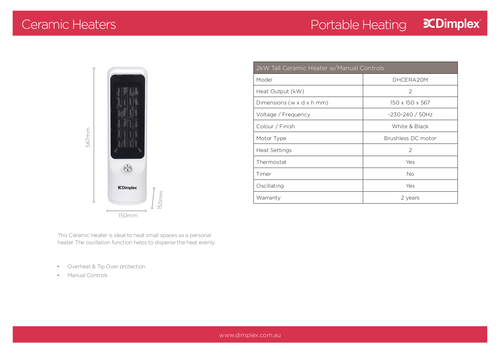 Dimplex DHCERA20M Specifications Sheet