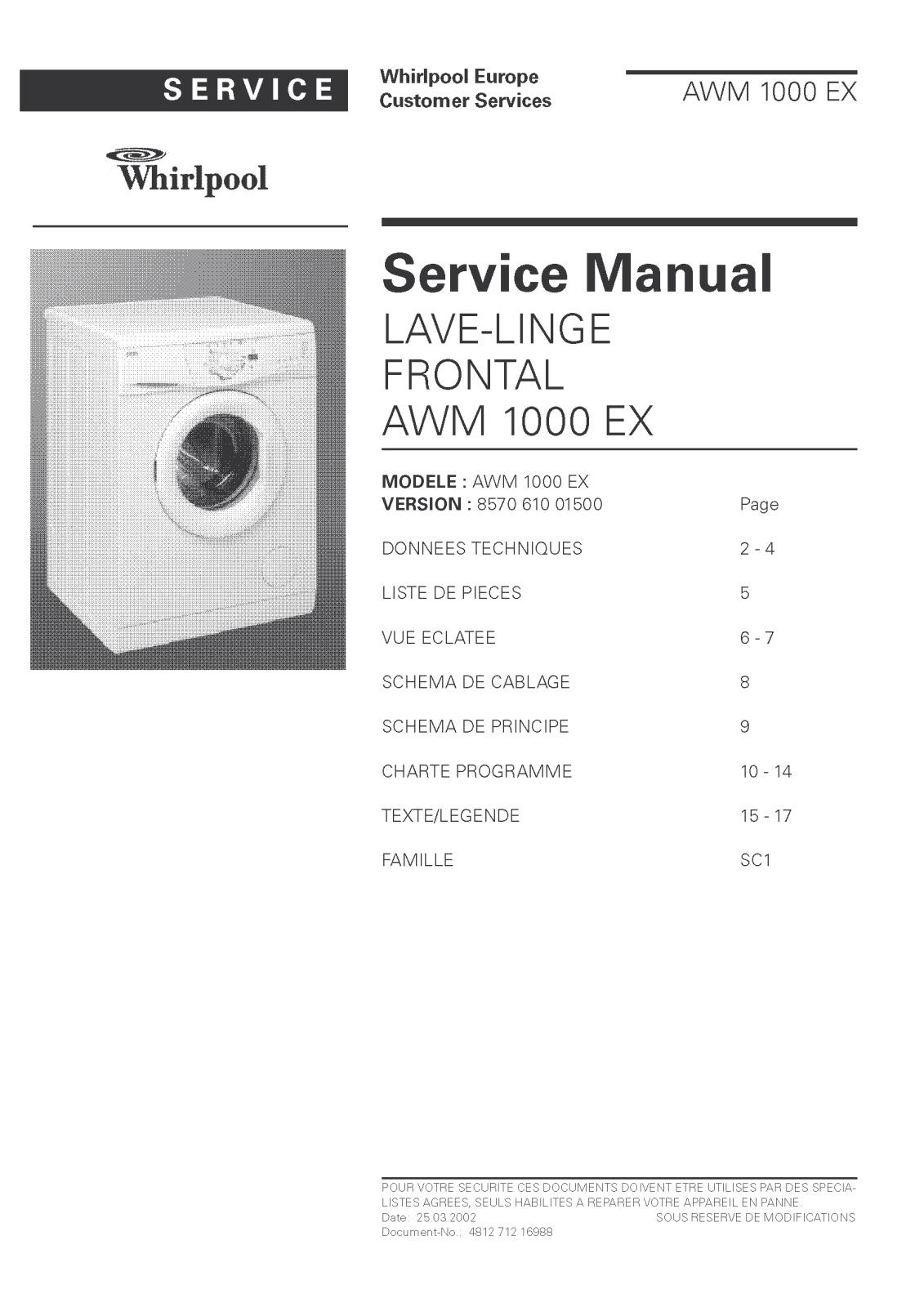 Whirlpool AWM 1000 EX, AWM-1000 Service Manual