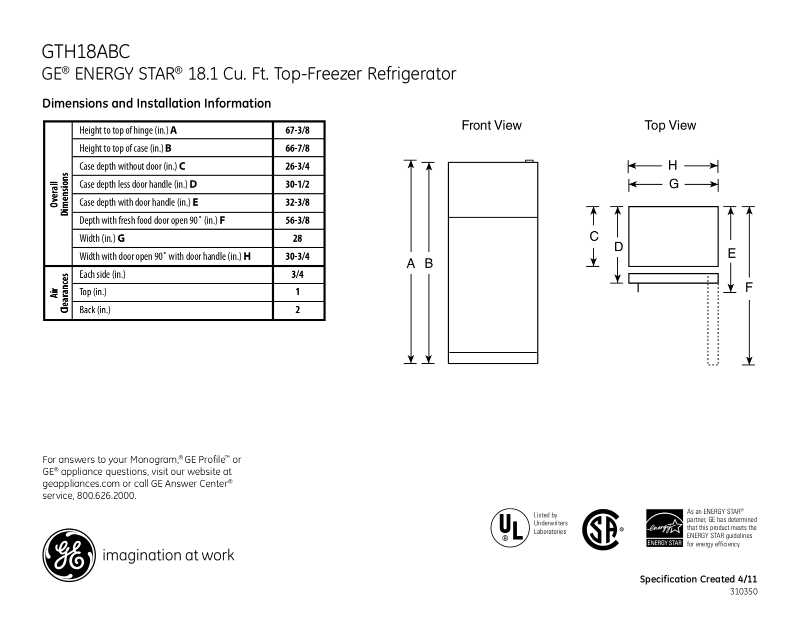 GE GTH18ABC Specification