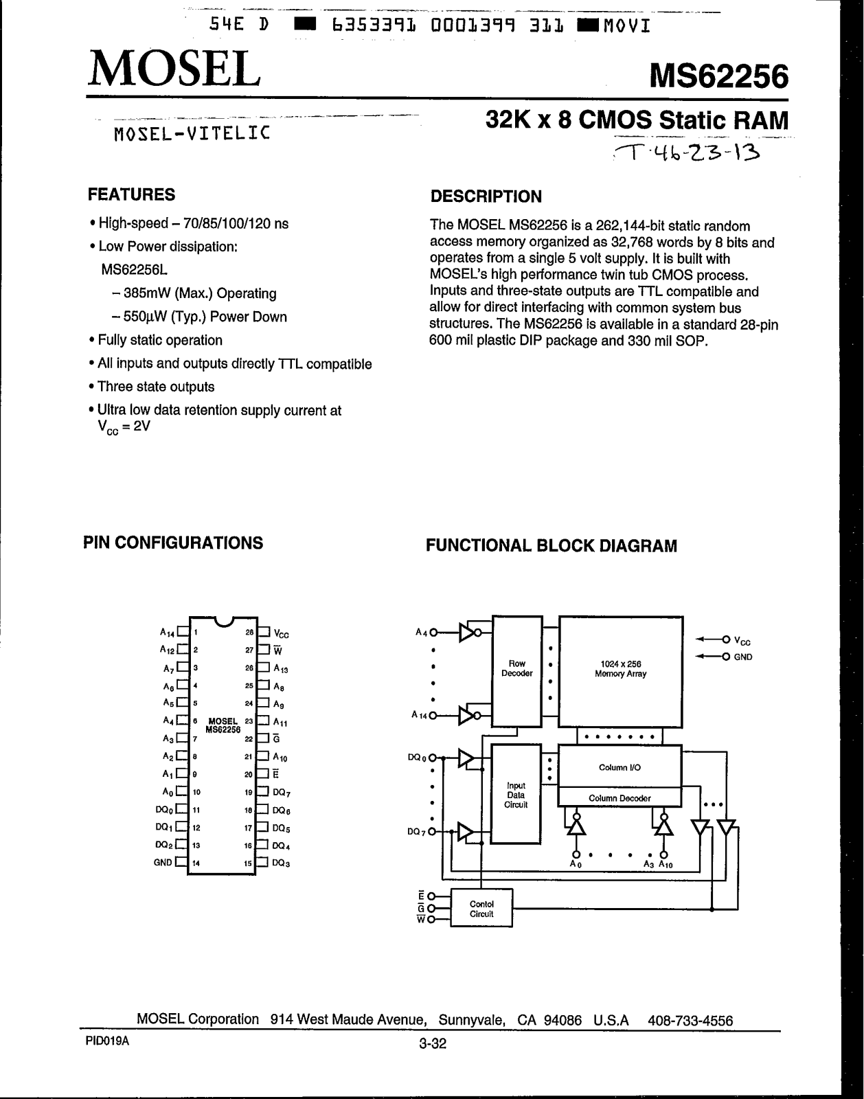 Mosel Vitelic MS62256L-10PC, MS62256L-12FC, MS62256L-12PC, MS62256L-85PC, MS62256L-70FC Datasheet