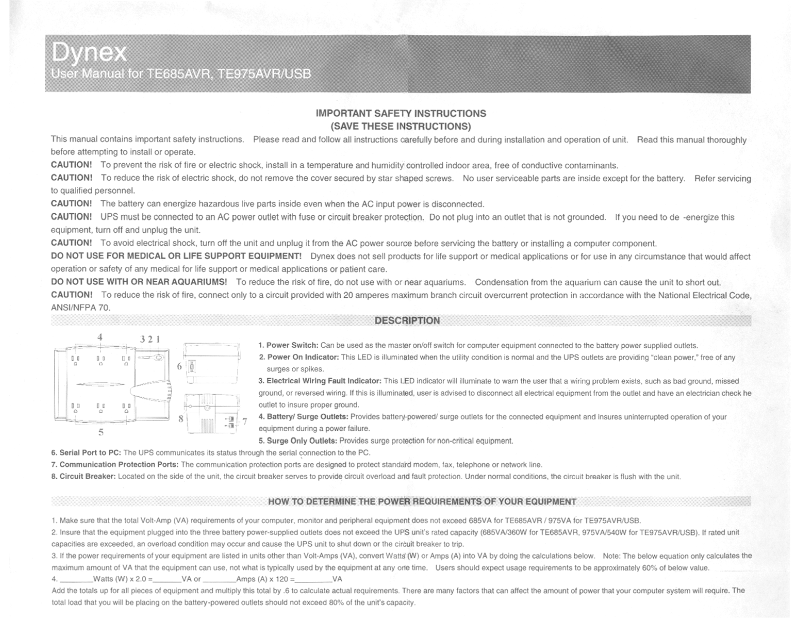 Dynex TE975USB, TE975AVR-USB, TE975AVR, TE685AVR User Manual