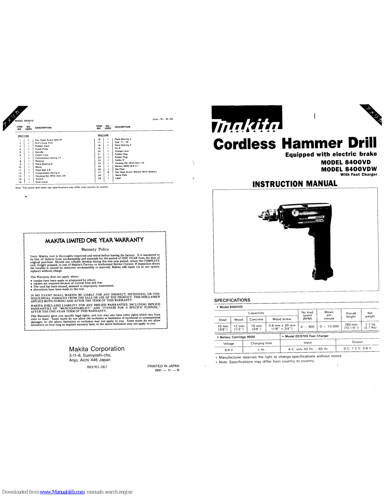 Makita 8400VD, 8400VDW Instruction Manual