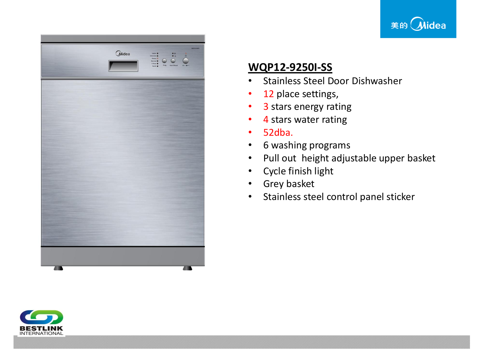 Midea WQP12-9250I-AUS, WQP12-9250I-SS Specifications Sheet