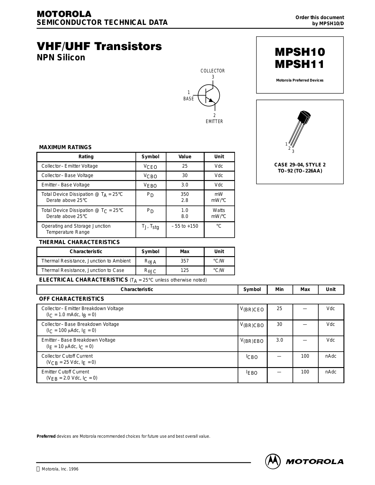 Motorola MPSH11, MPSH10RLRA, MPSH10RLRP, MPSH10 Datasheet