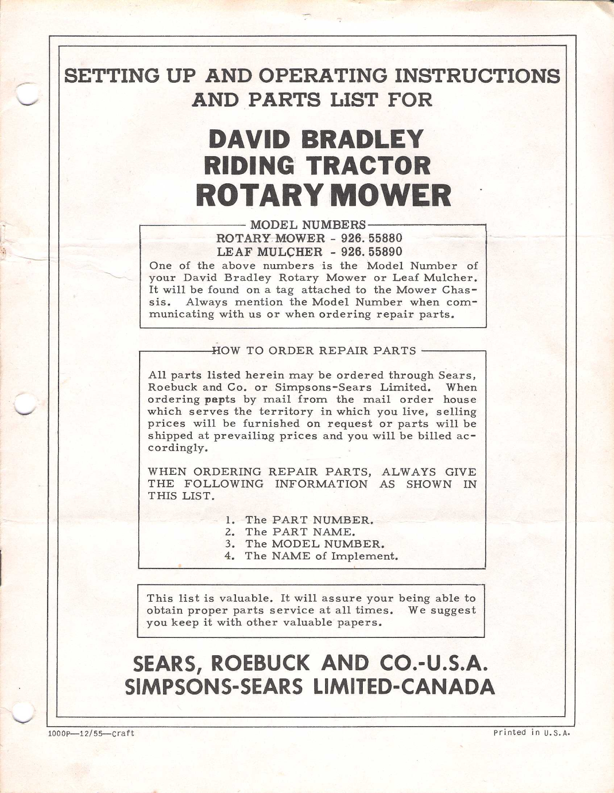 David Bradley 926.55880, 926.55980 Operating Instruction