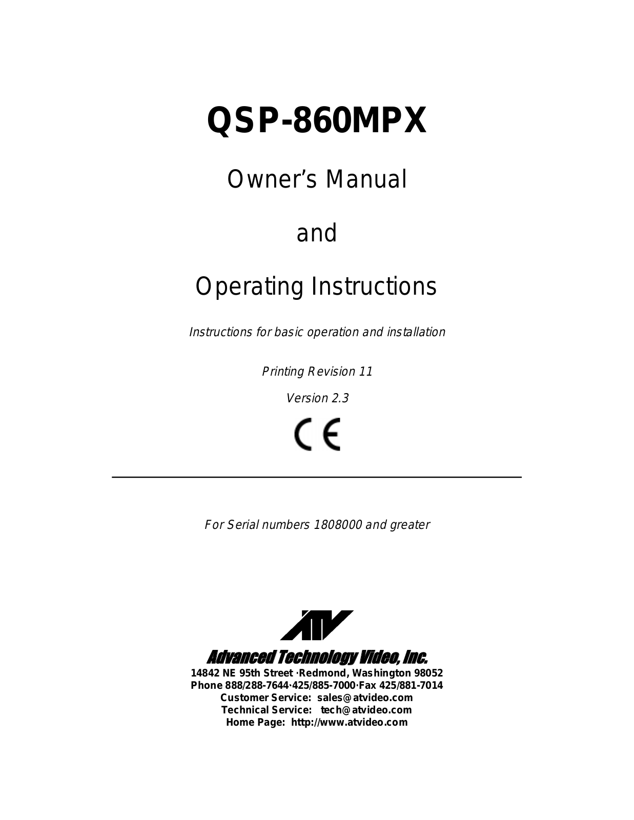 ATV QSP-860MPX Owner's Manual And Operating Instructions