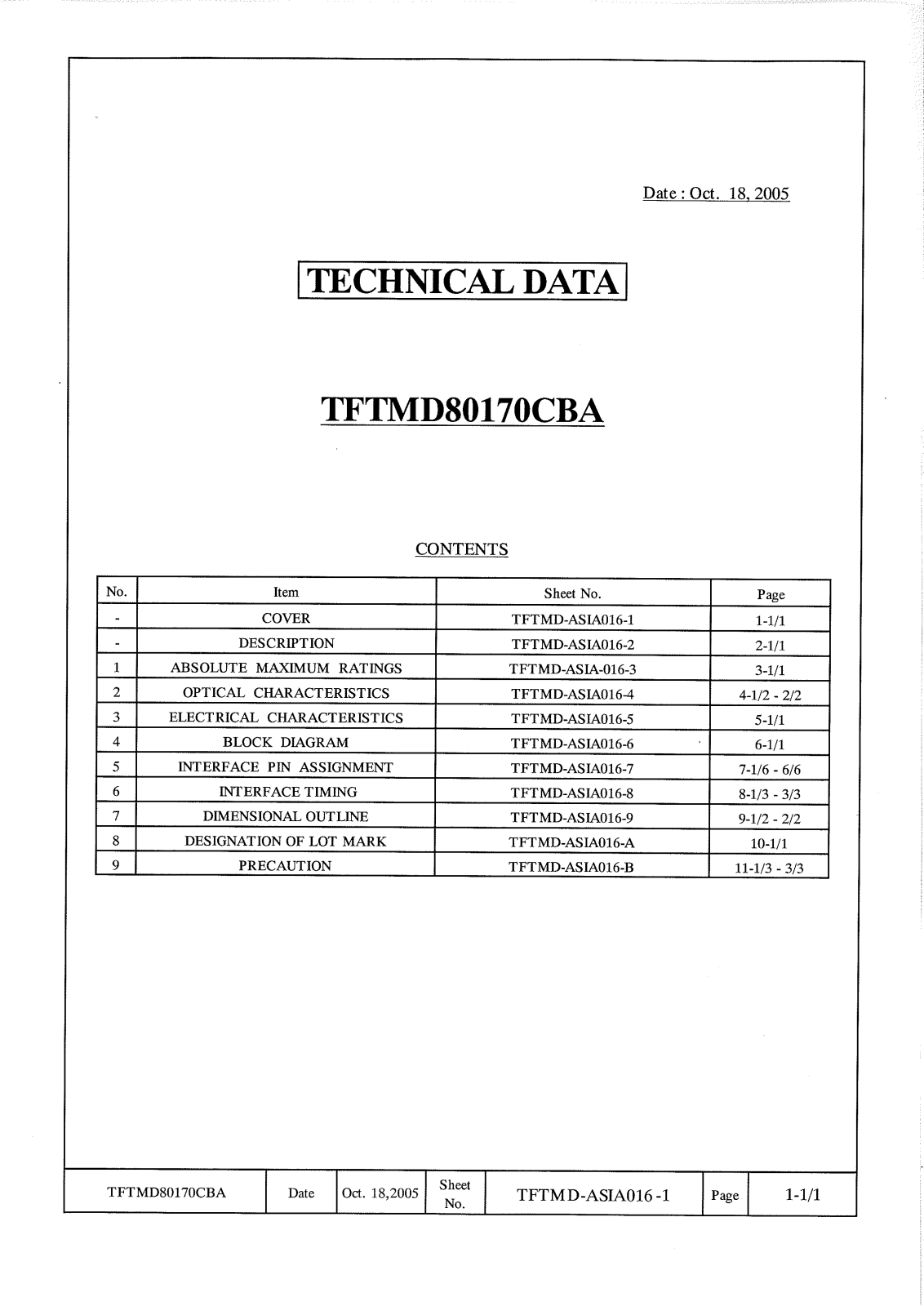 HITACHI TFTMD80170CBA Specification