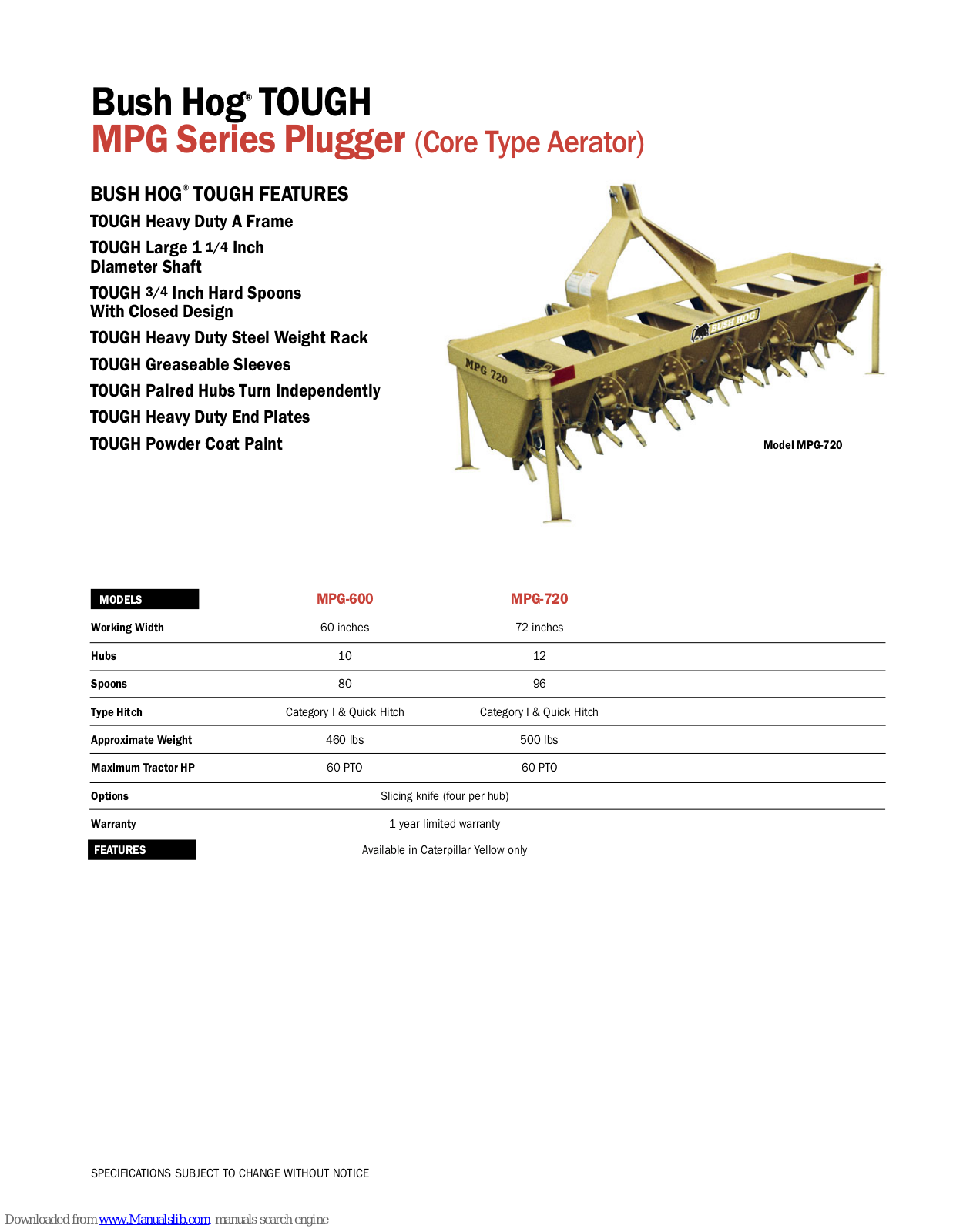 Bush Hog TOUGH MPG-720, TOUGH MPG-600 Specifications