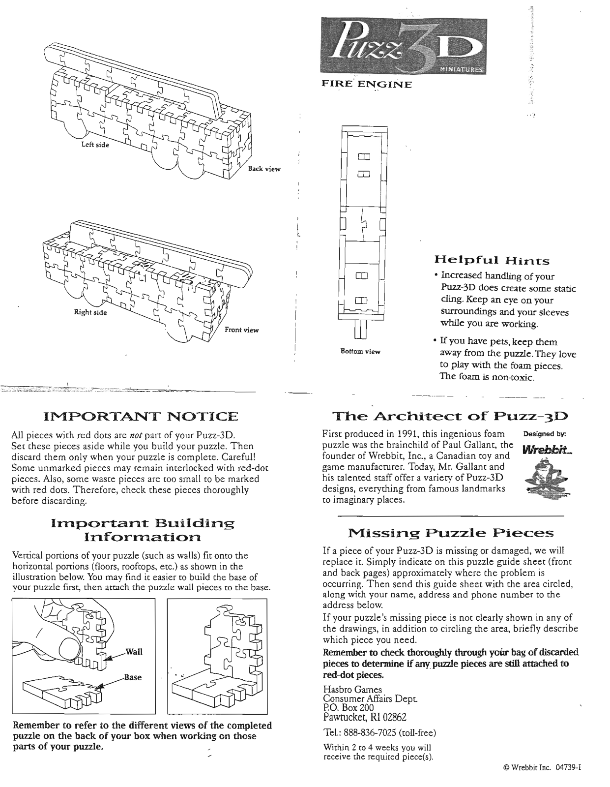 Hasbro PUZZ 3D MINIATURES FIRE ENGINE User Manual