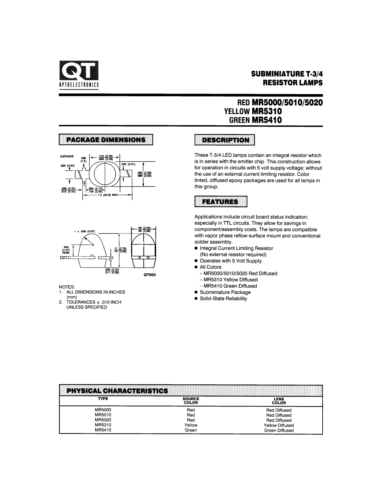 QT MR5410, MR5020, MR5000, MR5310, MR5010 Datasheet