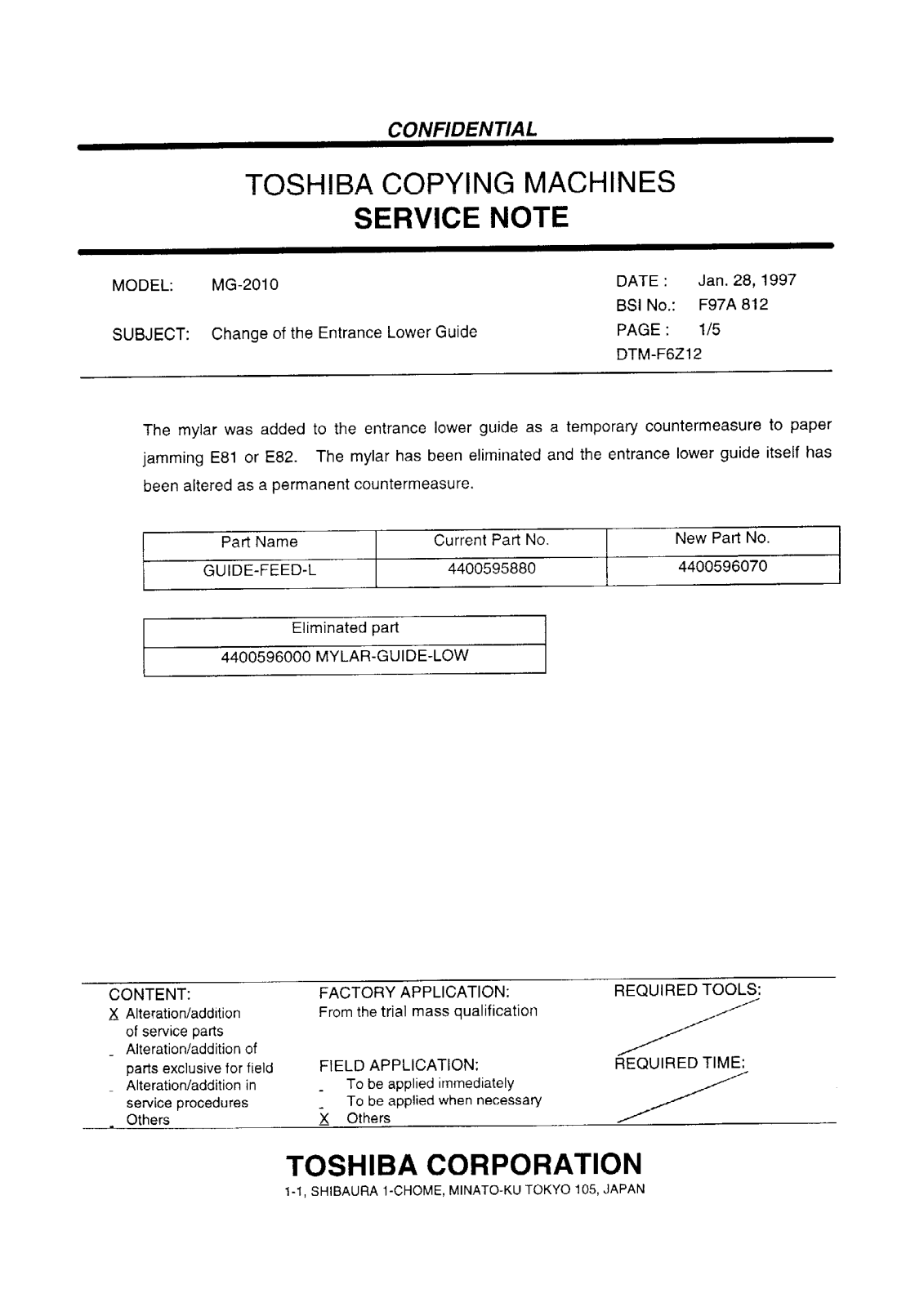 Toshiba f97a812 Service Note