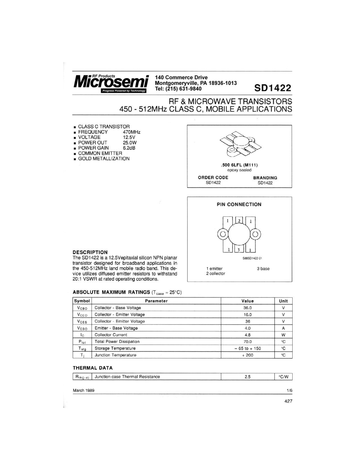 Microsemi Corporation SD1422 Datasheet