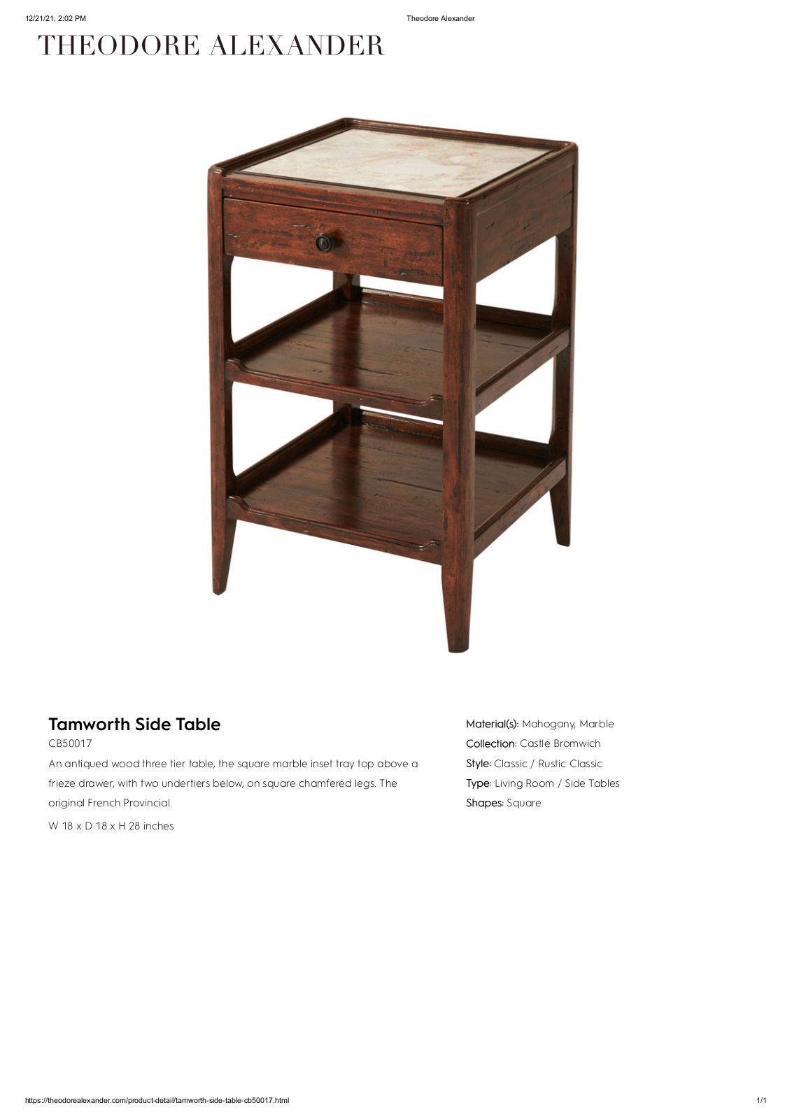 Theodore Alexander FPLJ1210 Specifications - ManualMachine.com