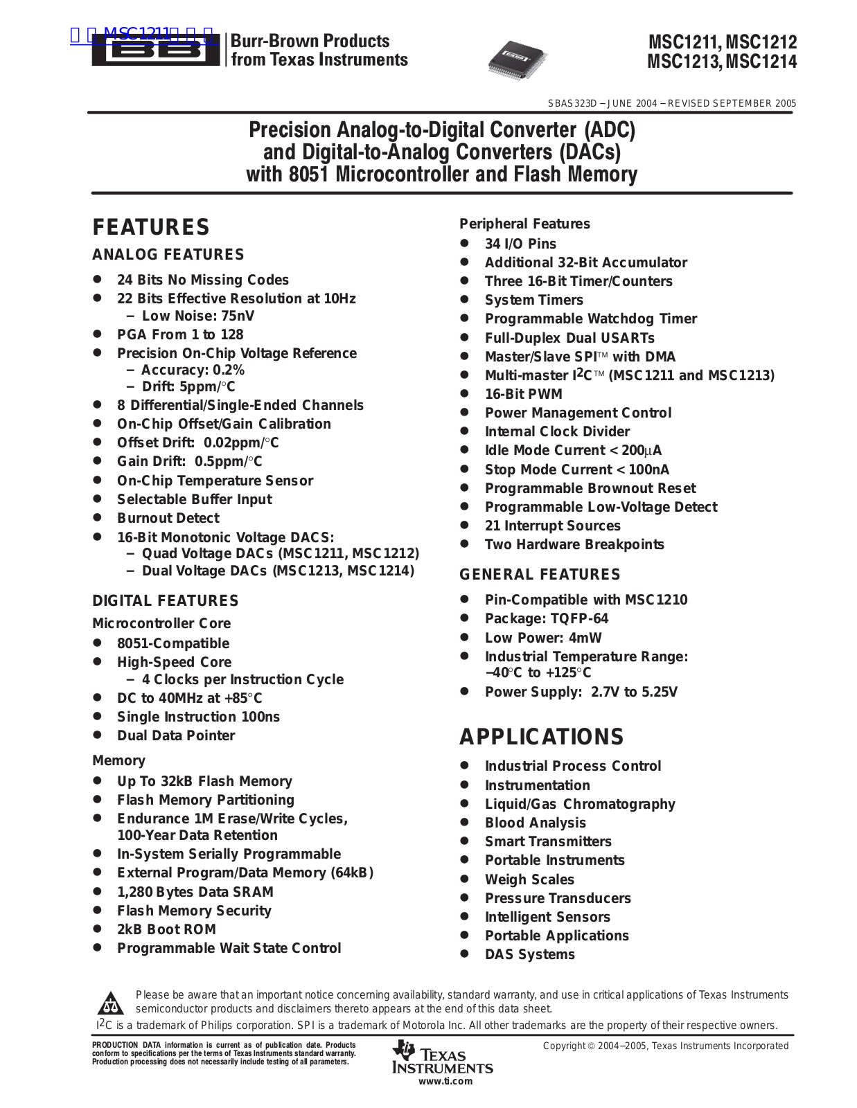 TEXAS INSTRUMENTS MSC1211 Technical data