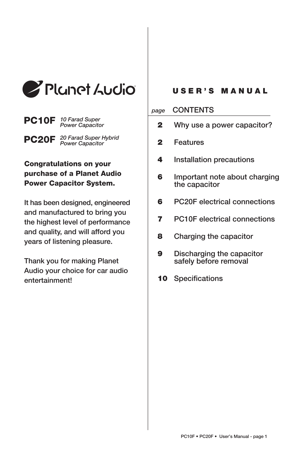 Planet Audio PC20F, PC10F User Manual