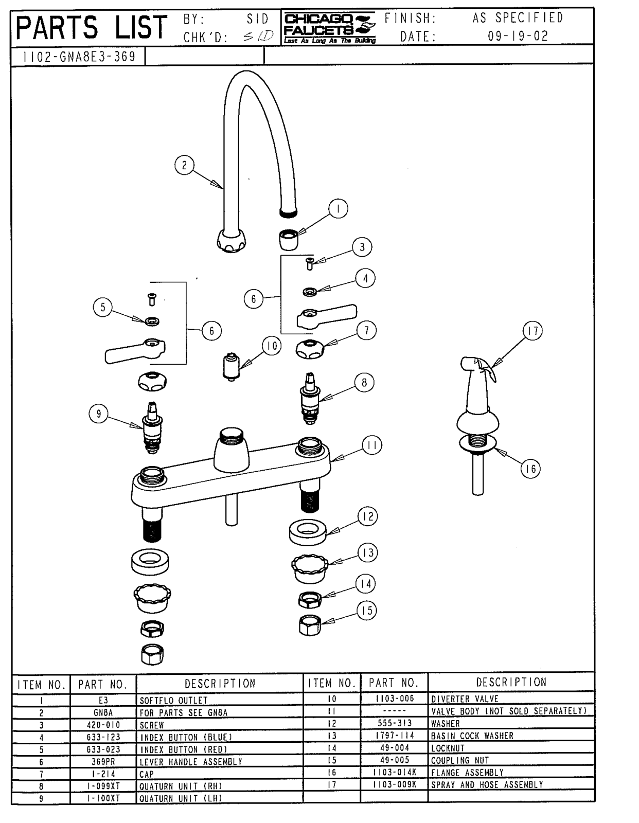 Chicago Faucet 1102-GNA8E3-369 Parts List